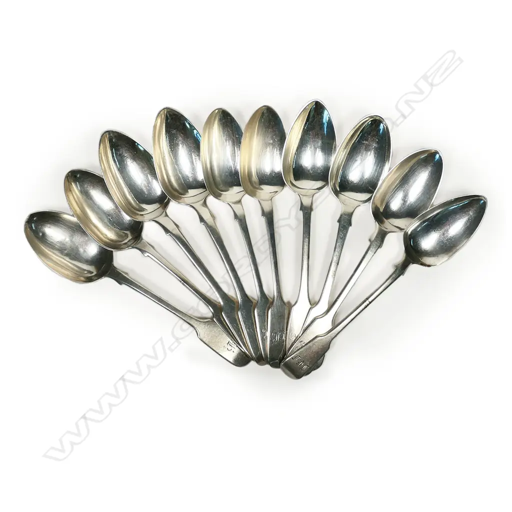 Ten 19thC silver dessert spoons, 430gm. Image 1++