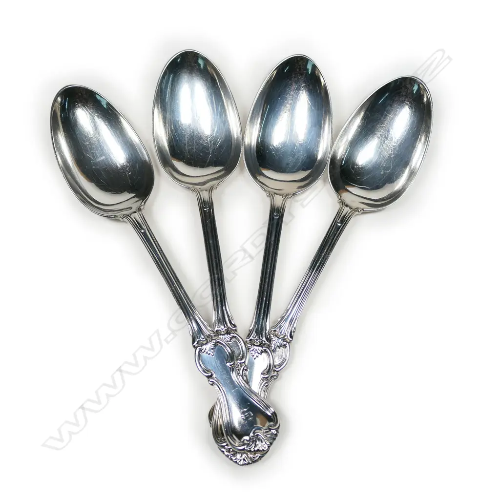 Four Victorian silver dessert spoons, by Francis Higgins, London 1847. 213gm Image 1++