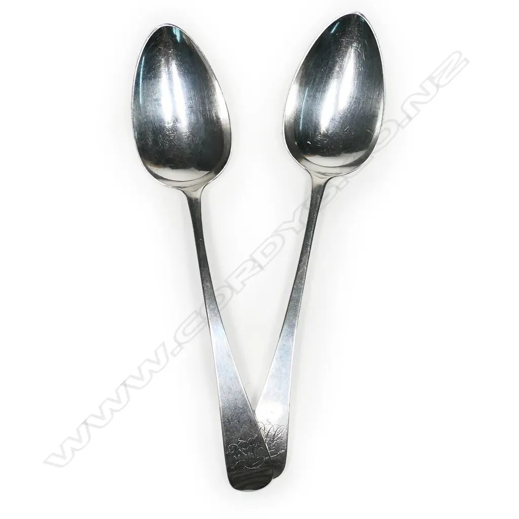 A pair of Geo. III silver tablespoons, by George Wintle, London 1806. 99gm, Image 1++