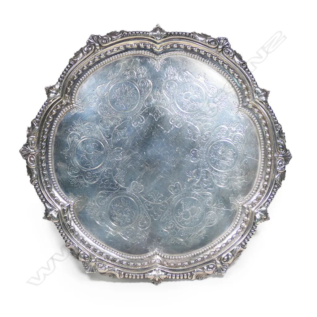 A Victorian silver salver, London 1874 by Martin, Hall & Co. 830gm. Image 1++