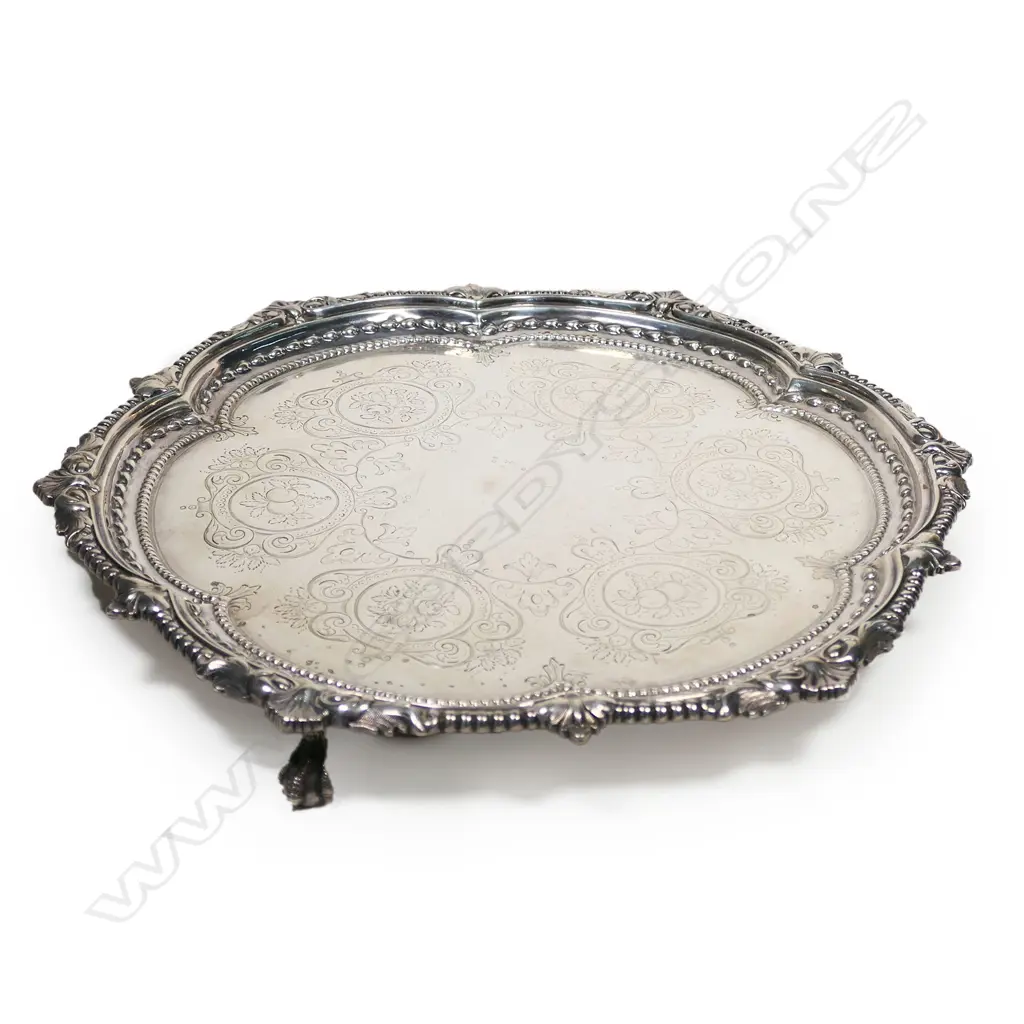A Victorian silver salver, London 1874 by Martin, Hall & Co. 830gm. Image 1++