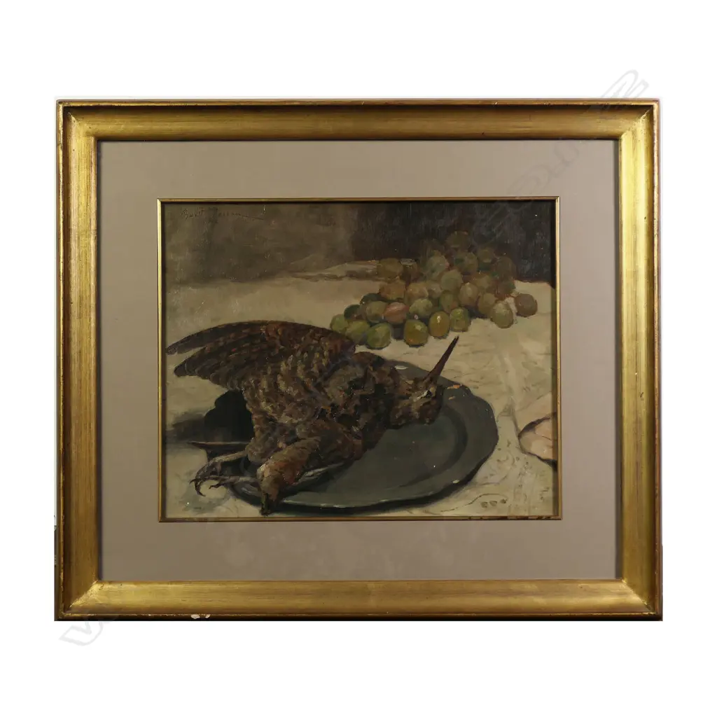Oswald Poreau (Belgium 1877-1955), Nature Morte, snipe and grapes, Image 1++