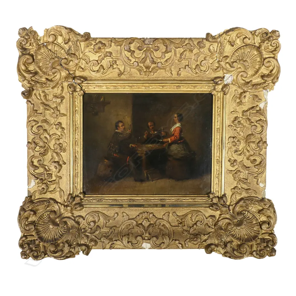 An oil on oak panel, depicting two men drinking at a strewn table, attended by a serving woman, Image 1++