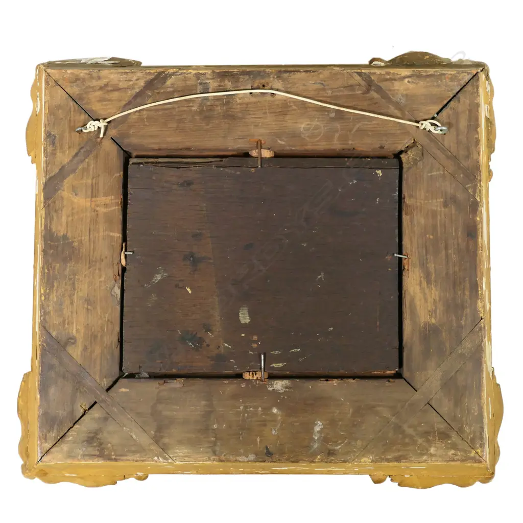 An oil on oak panel, depicting two men drinking at a strewn table, attended by a serving woman, Image 1++