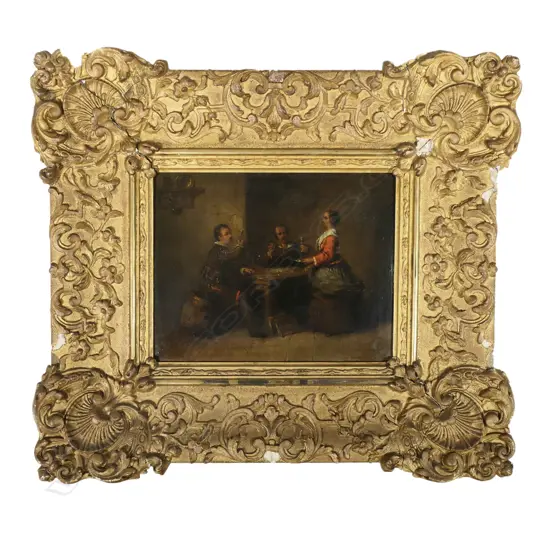 An oil on oak panel, depicting two men drinking at a strewn table, attended by a serving woman,