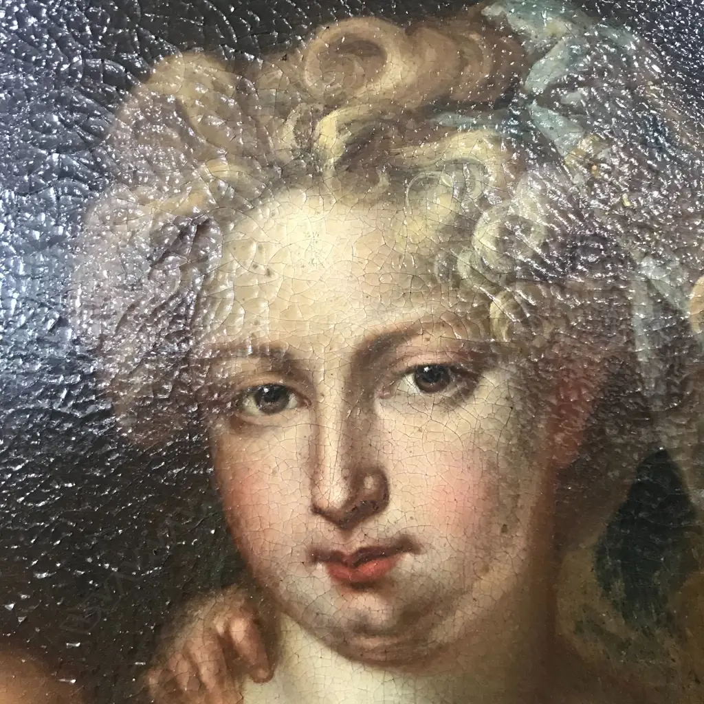 19thC artist unknown, Exterior garden scene, a mother with three young children, Image 1++