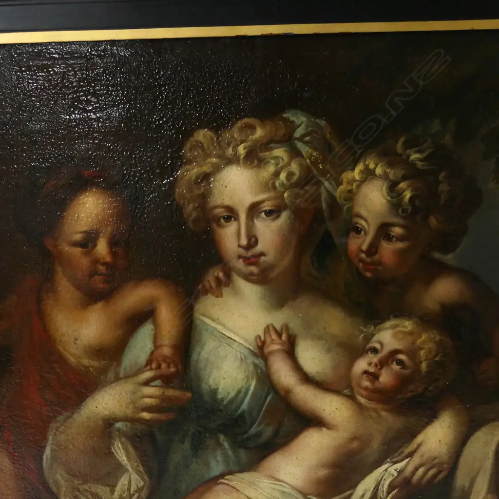 19thC artist unknown, Exterior garden scene, a mother with three young children, Image 1++