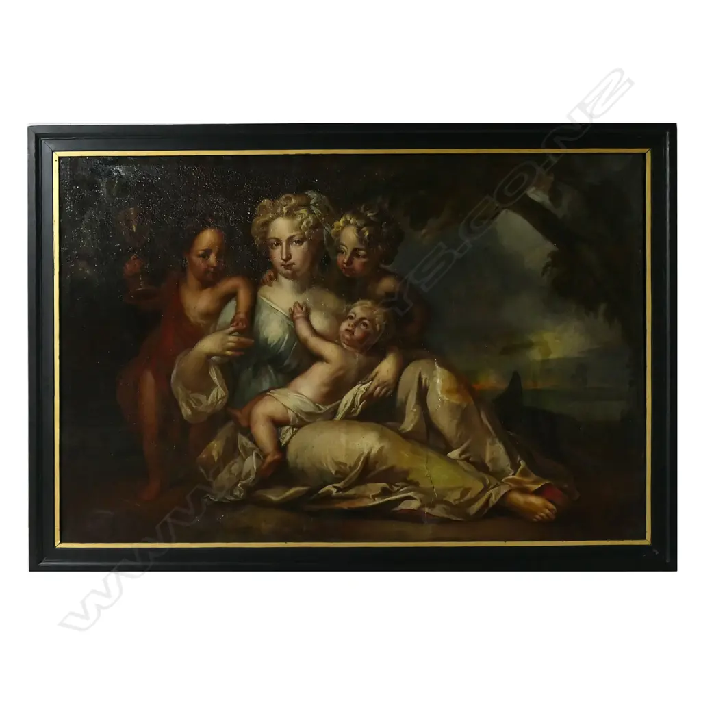 19thC artist unknown, Exterior garden scene, a mother with three young children, Image 1++