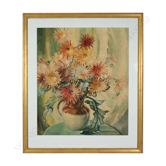 Ivy M. Copeland (1888-1961), Still life, dahlias in a stoneware jug,