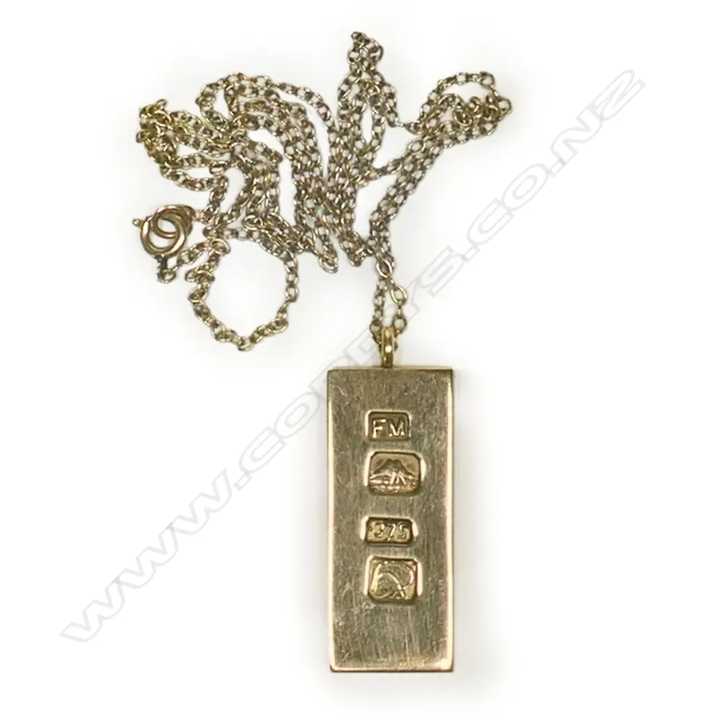 Fred Money 9ct rose gold ingot pendant on 9ct gold chain, Image 1++