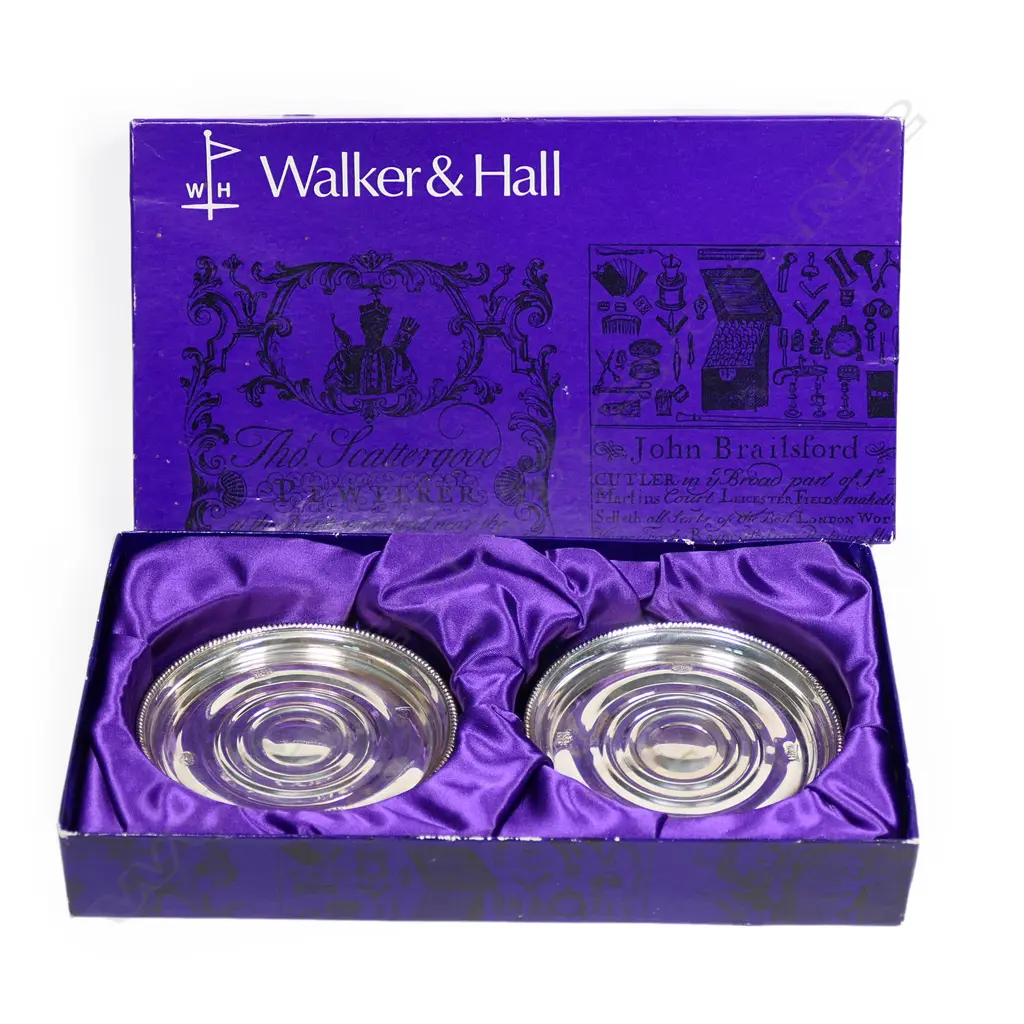 Fred Money pair of 1979 silver coasters in original box, Image 1++