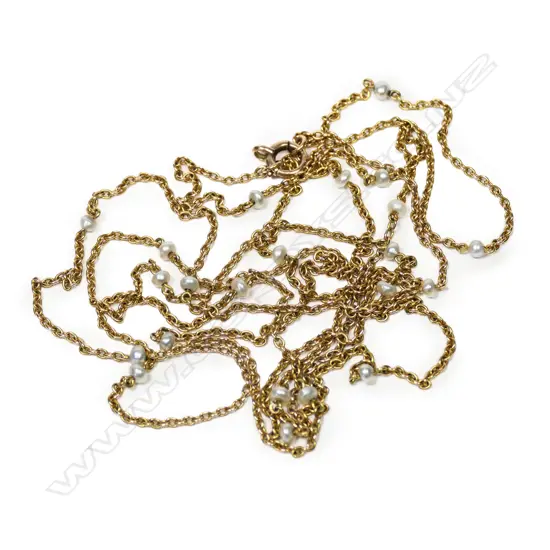 A vintage 18ct yellow gold and seed pearl muff chain