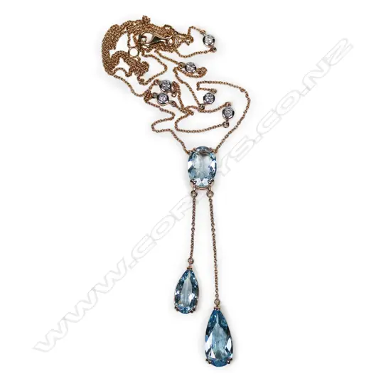 A 14ct rose gold, aquamarine and diamond drop style necklace,