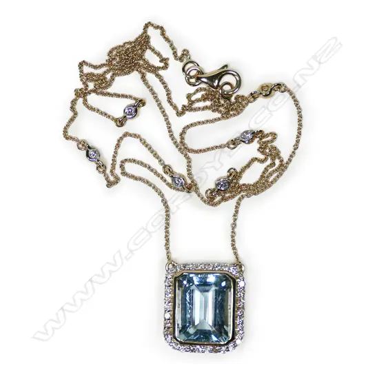 A 14ct gold, aquamarine and diamond halo necklace,