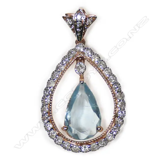 A 14ct rose gold, aquamarine and diamond pendant,