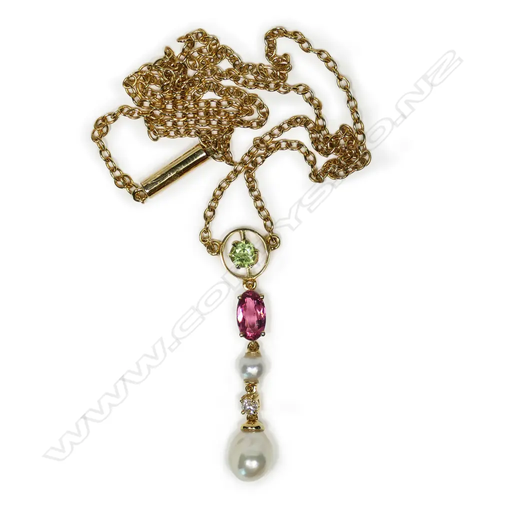 A 9ct gold, pearl, tourmaline and diamond antique style necklace, Image 1++