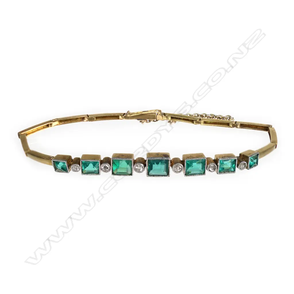 An Art Deco 15ct gold, diamond and synthetic emerald bracelet, Image 1++