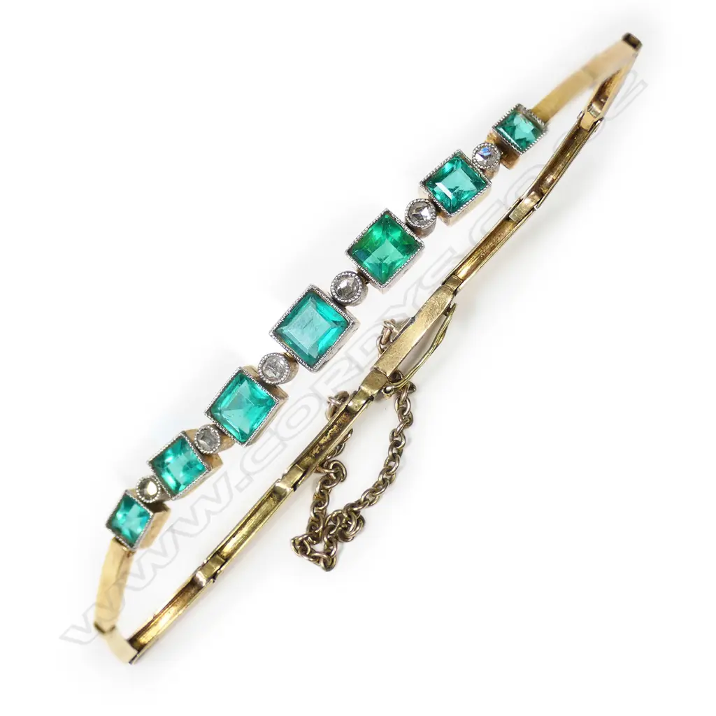 An Art Deco 15ct gold, diamond and synthetic emerald bracelet, Image 1++