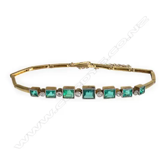 An Art Deco 15ct gold, diamond and synthetic emerald bracelet,