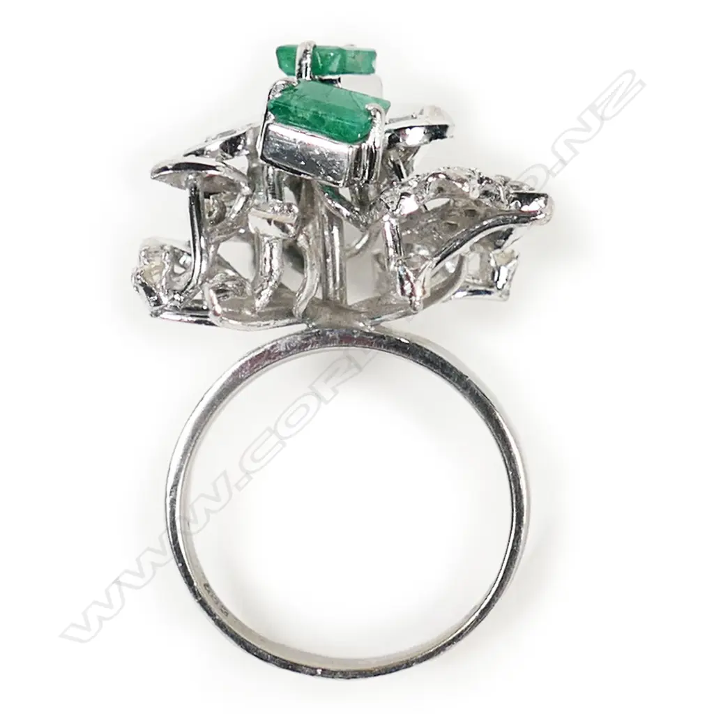 A stylish 1970's 14ct white gold emerald and diamond dress ring, Image 1++