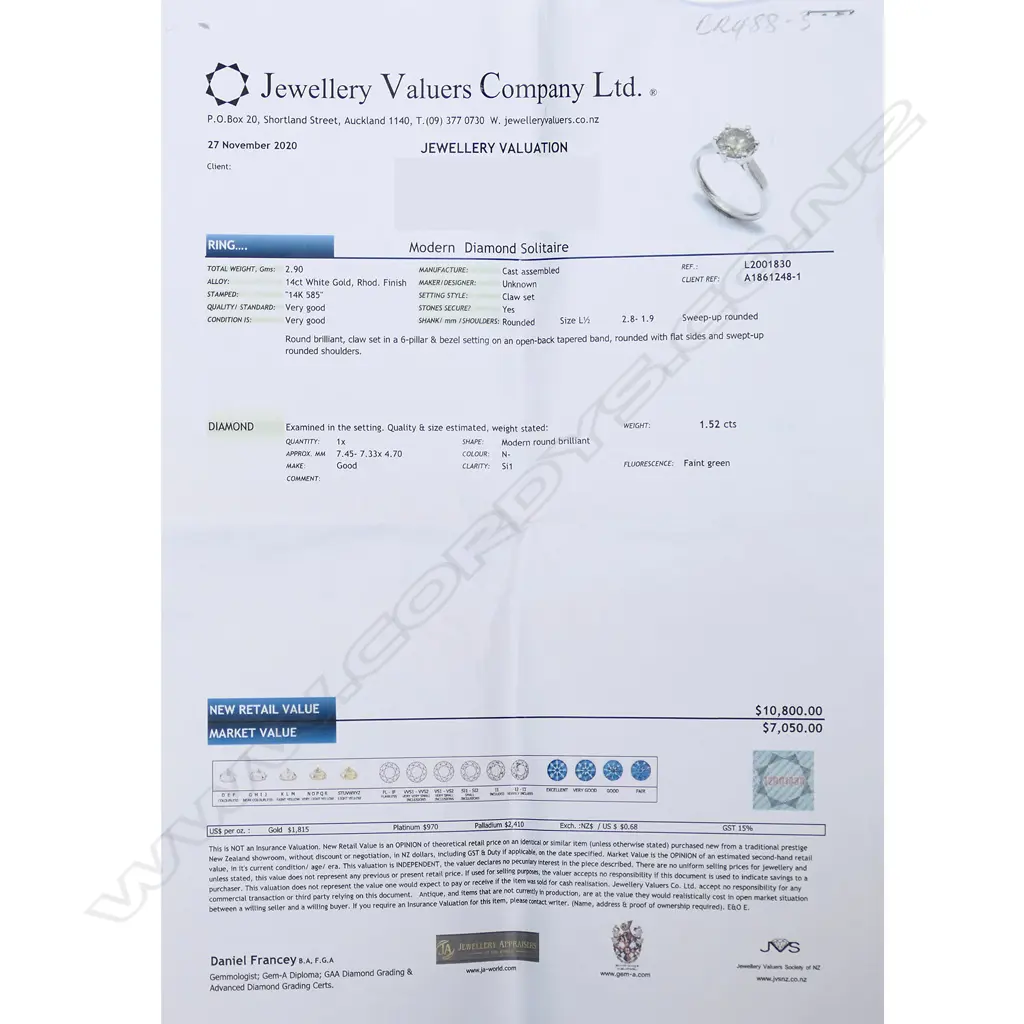 A 14K white gold and 1.52ct diamond solitaire ring, Image 1++