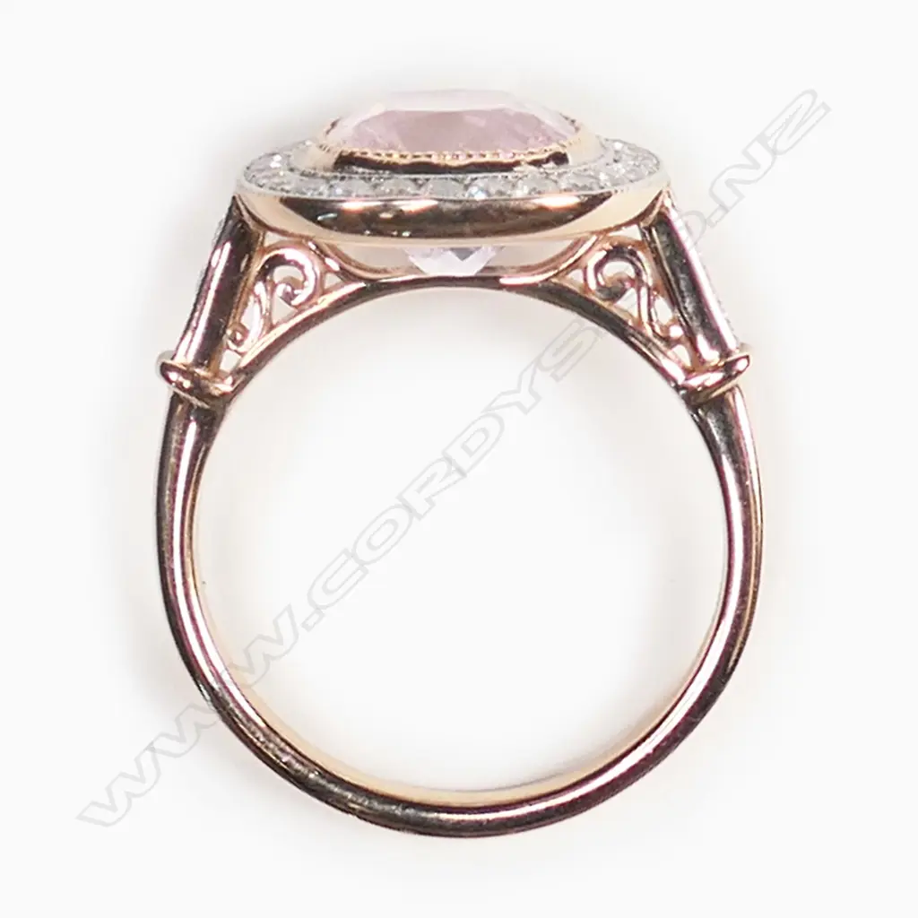 A 14ct rose gold, morganite and diamond antique style halo ring, Image 1++