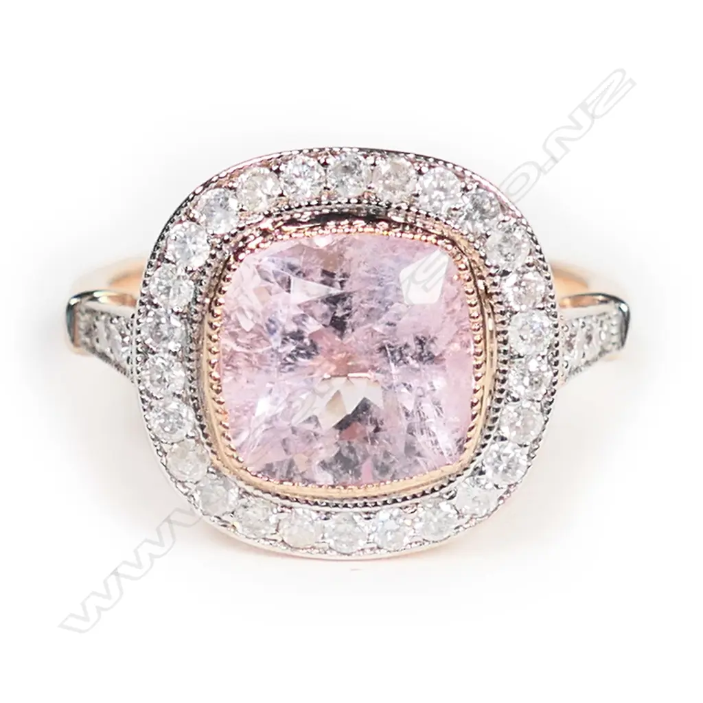 A 14ct rose gold, morganite and diamond antique style halo ring, Image 1++