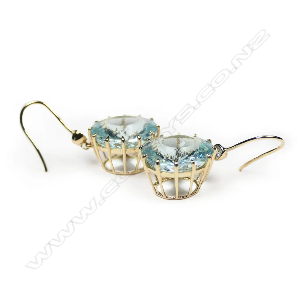 A 14ct gold, aquamarine and diamond vintage-style drop earrings, Image 1++
