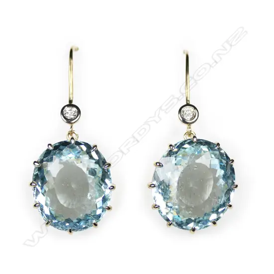 A 14ct gold, aquamarine and diamond vintage-style drop earrings,