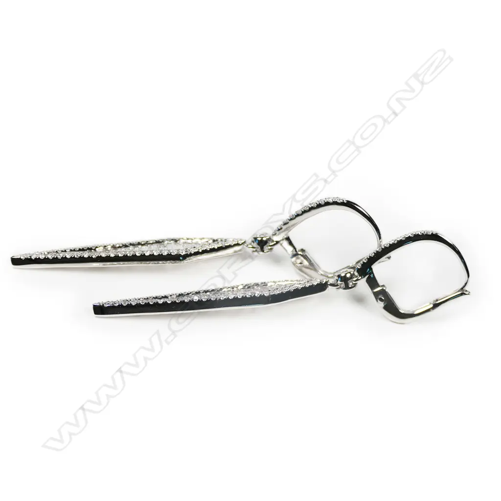 A pair of 18ct white gold and diamond drop earrings, Image 1++