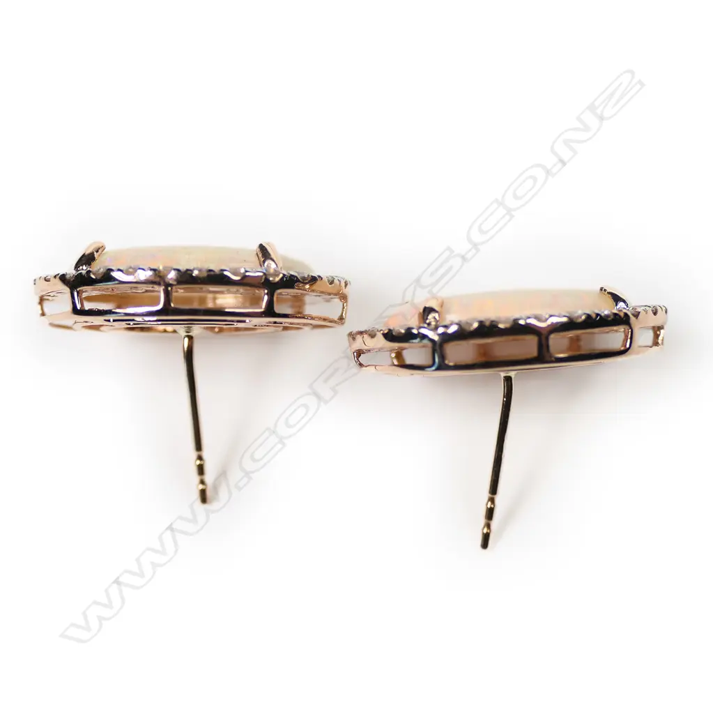 A pair of 14ct gold, Andamooka opal and diamond halo stud earrings, Image 1++