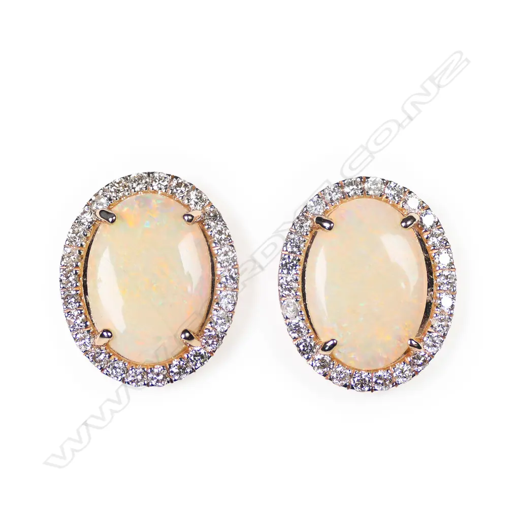 A pair of 14ct gold, Andamooka opal and diamond halo stud earrings, Image 1++