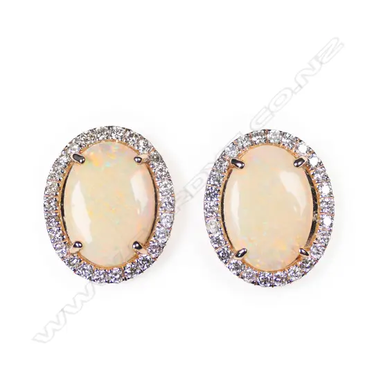 A pair of 14ct gold, Andamooka opal and diamond halo stud earrings,