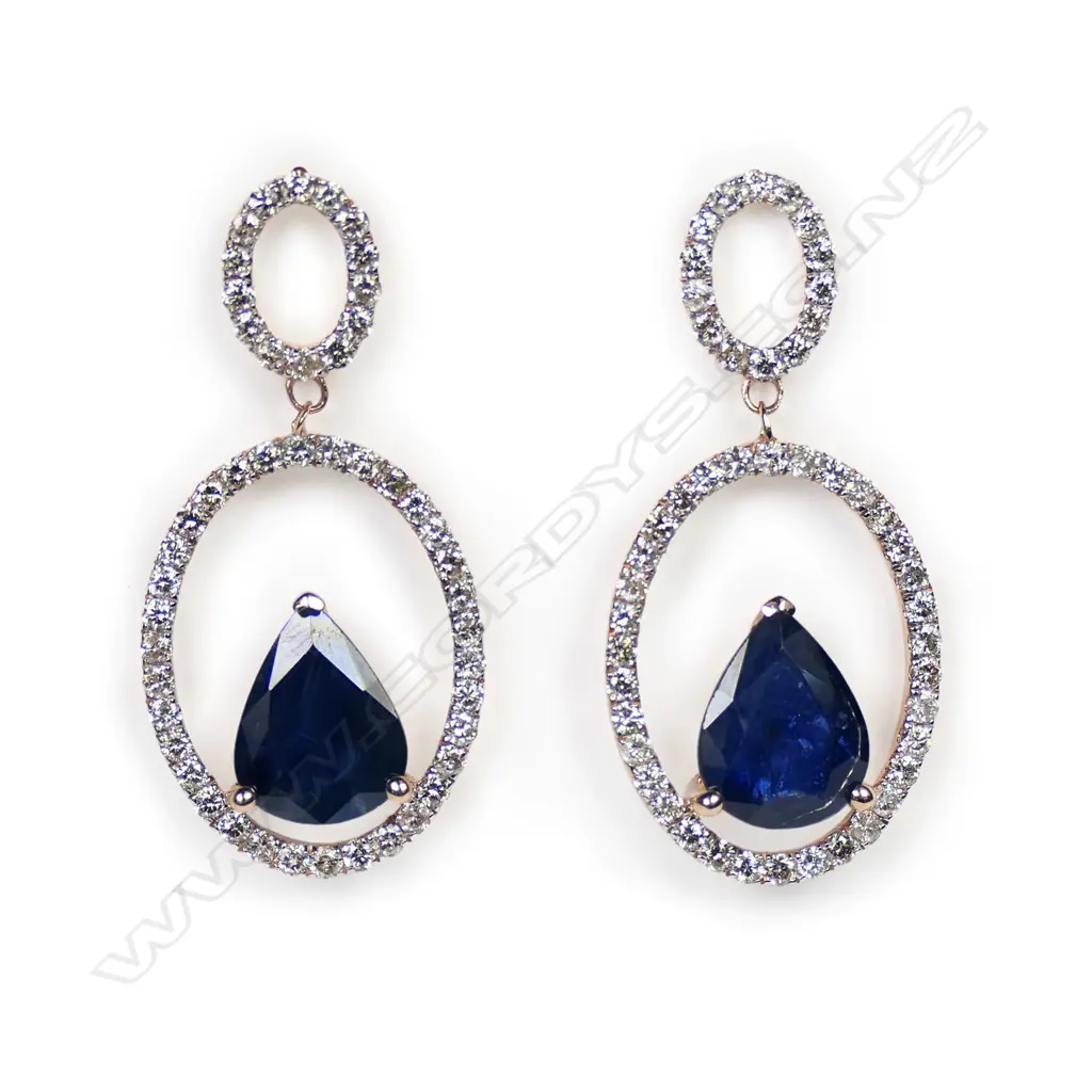 A pair of 14ct rose gold sapphire and diamond hoop drop earrings, Image 1++