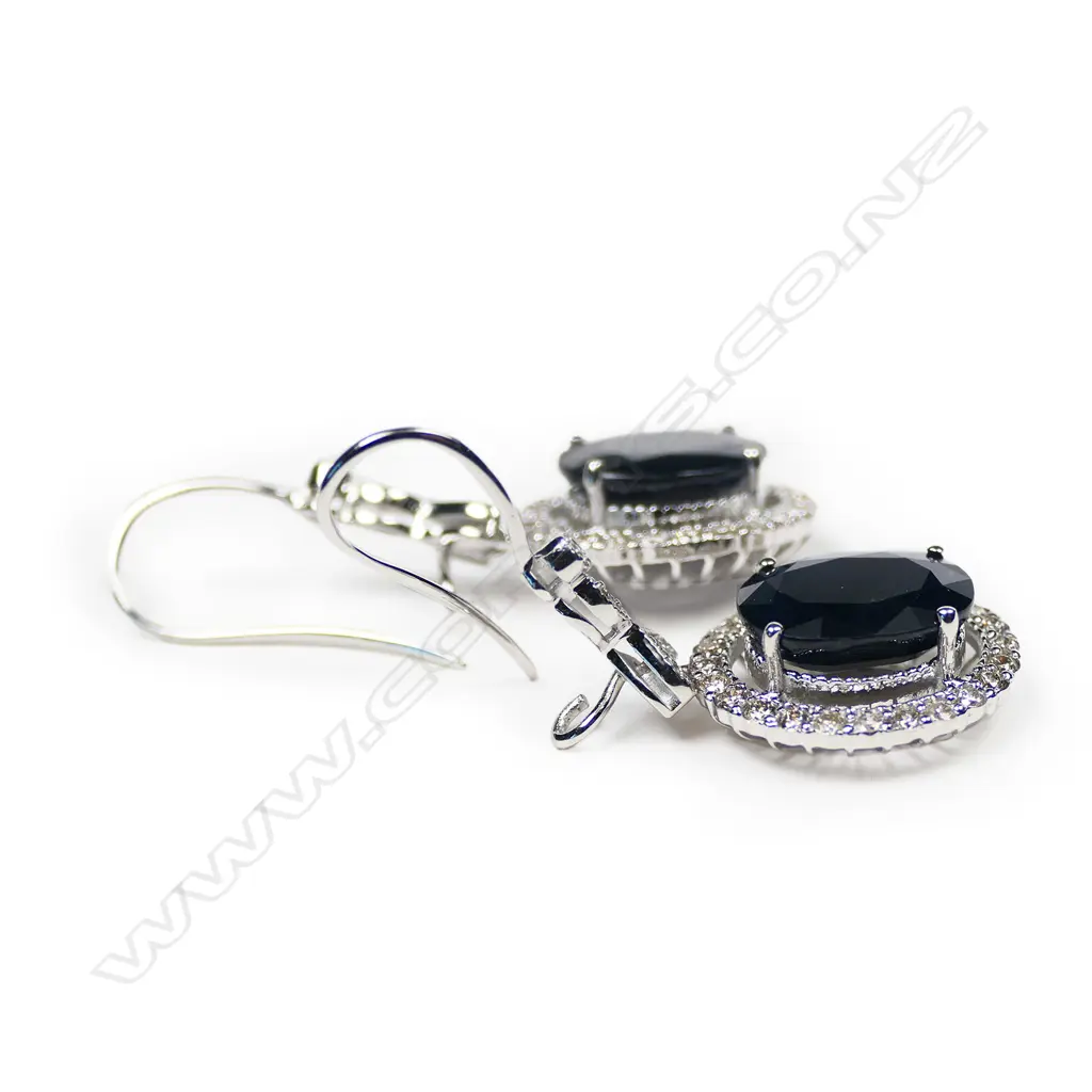 A pair of 14ct white gold sapphire and diamond antique style halo drop earrings, Image 1++