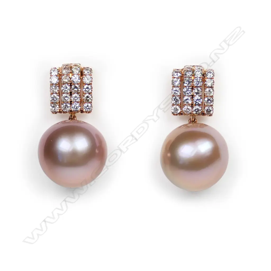 A pair of 14ct rose gold pearl and diamond vintage style earrings, Image 1++