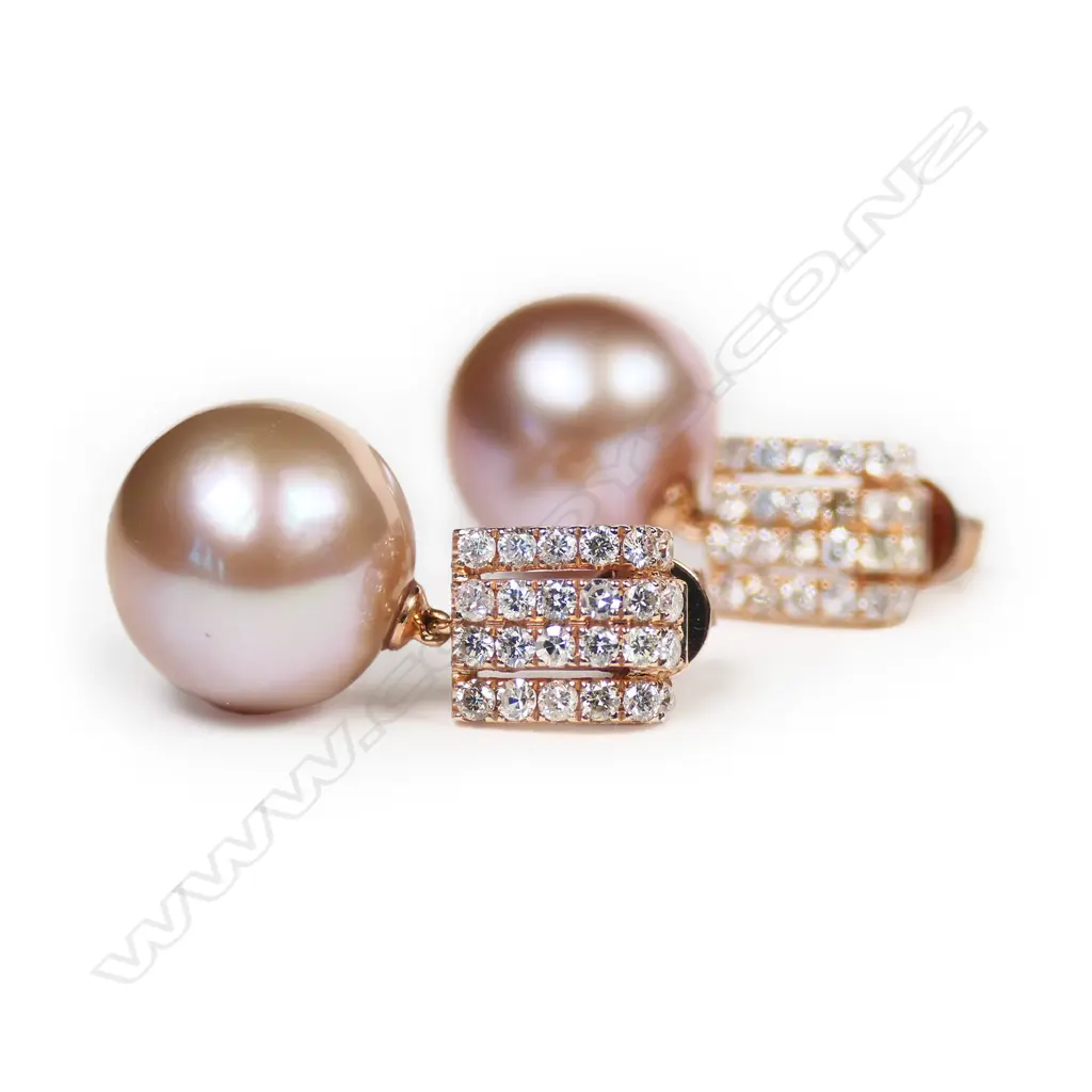 A pair of 14ct rose gold pearl and diamond vintage style earrings, Image 1++