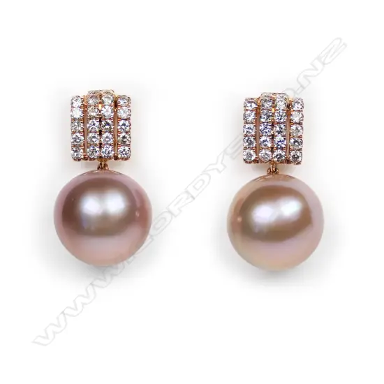 A pair of 14ct rose gold pearl and diamond vintage style earrings,