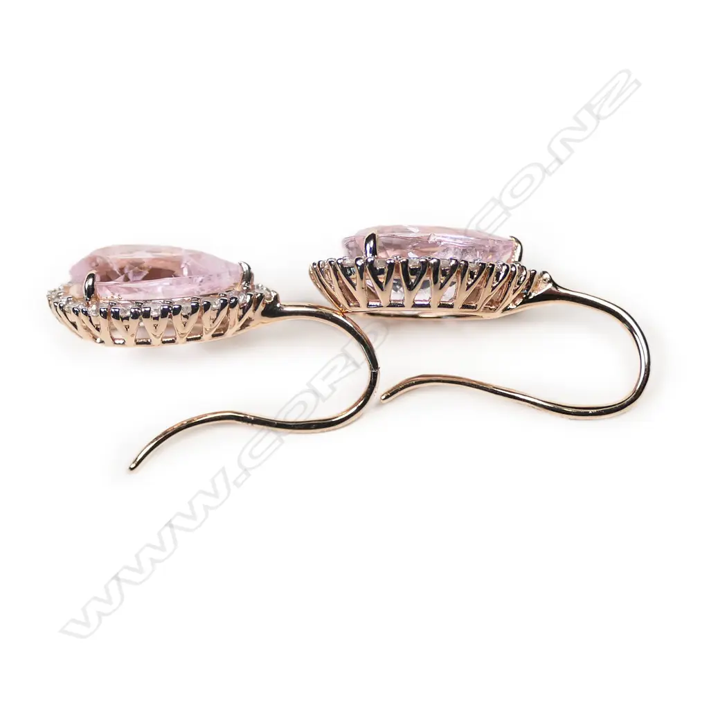 A pair of 14ct rose gold, morganite and diamond vintage style drop earrings, Image 1++