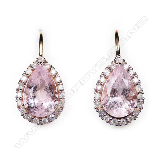 A pair of 14ct rose gold, morganite and diamond vintage style drop earrings,