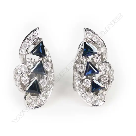 A pair of 18ct white gold sapphire and diamond earrings,