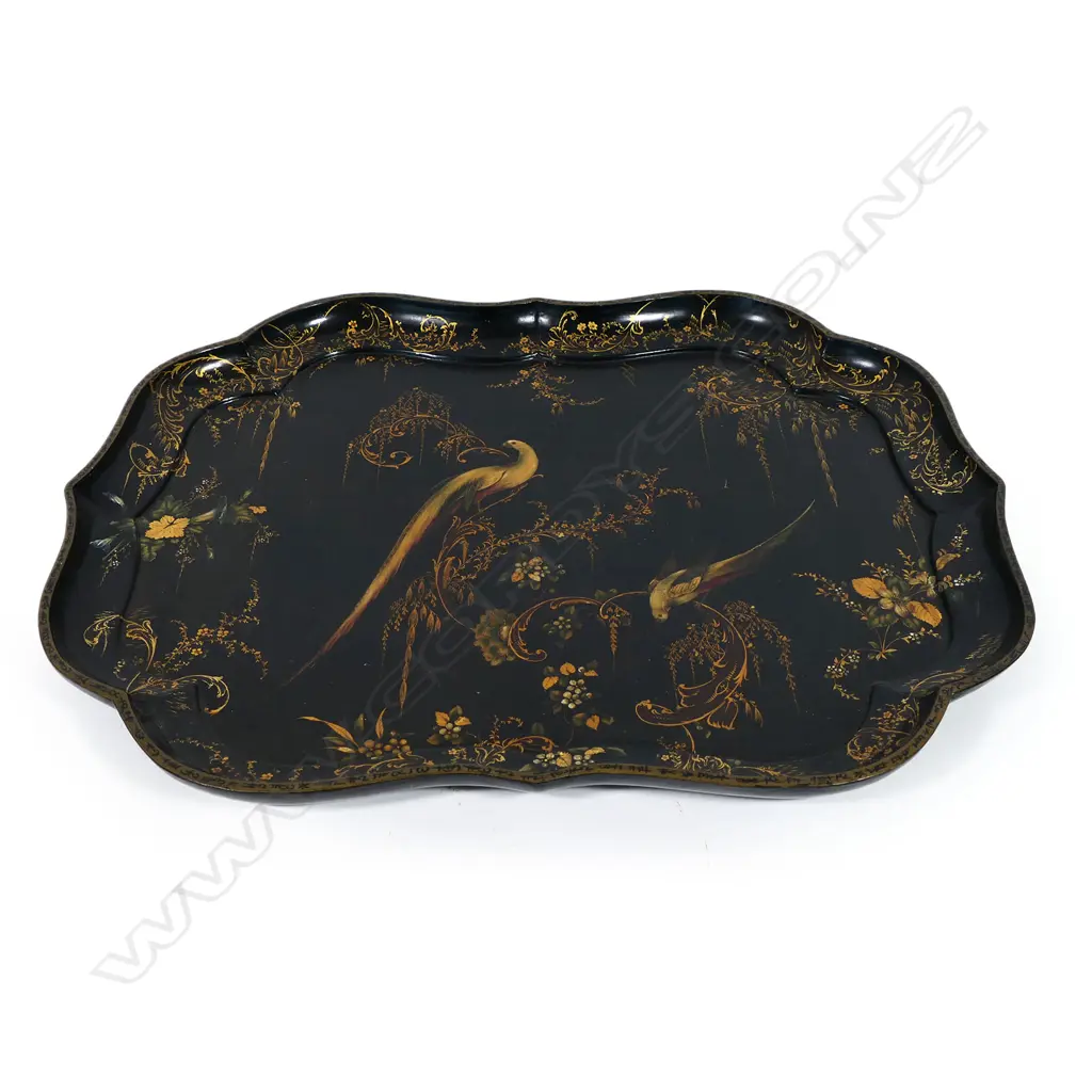 A 19thC black-ground papier maché tray, in exceptional condition, Image 1++