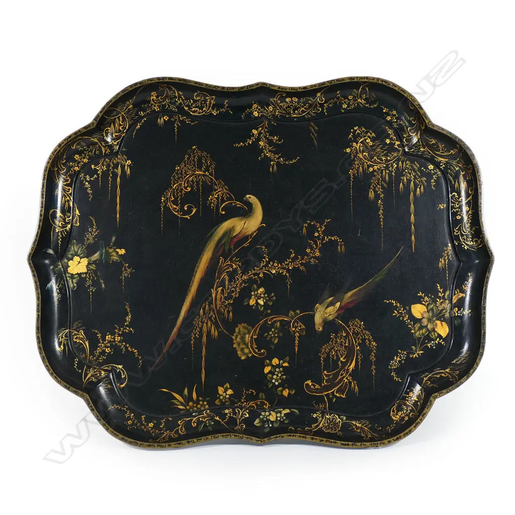A 19thC black-ground papier maché tray, in exceptional condition, Image 1++