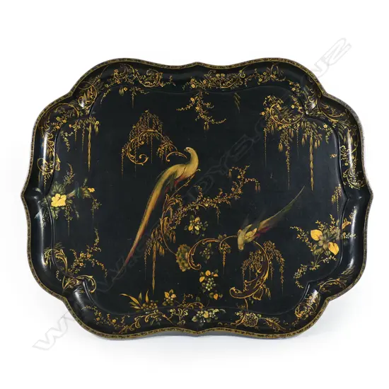 A 19thC black-ground papier maché tray, in exceptional condition,