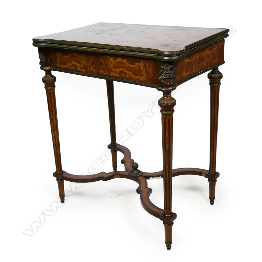 A 19thC French marquetry inlaid walnut card table, Image 1++