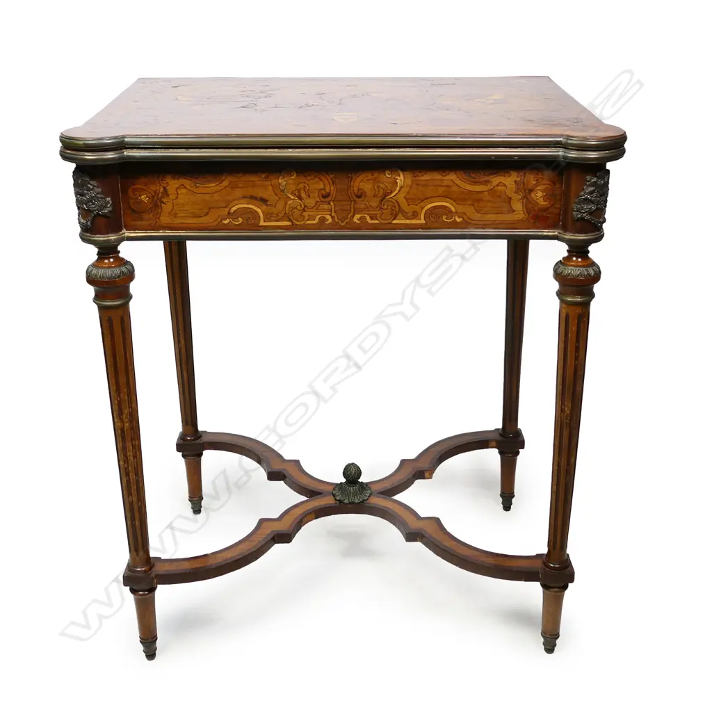 A 19thC French marquetry inlaid walnut card table, Image 1++