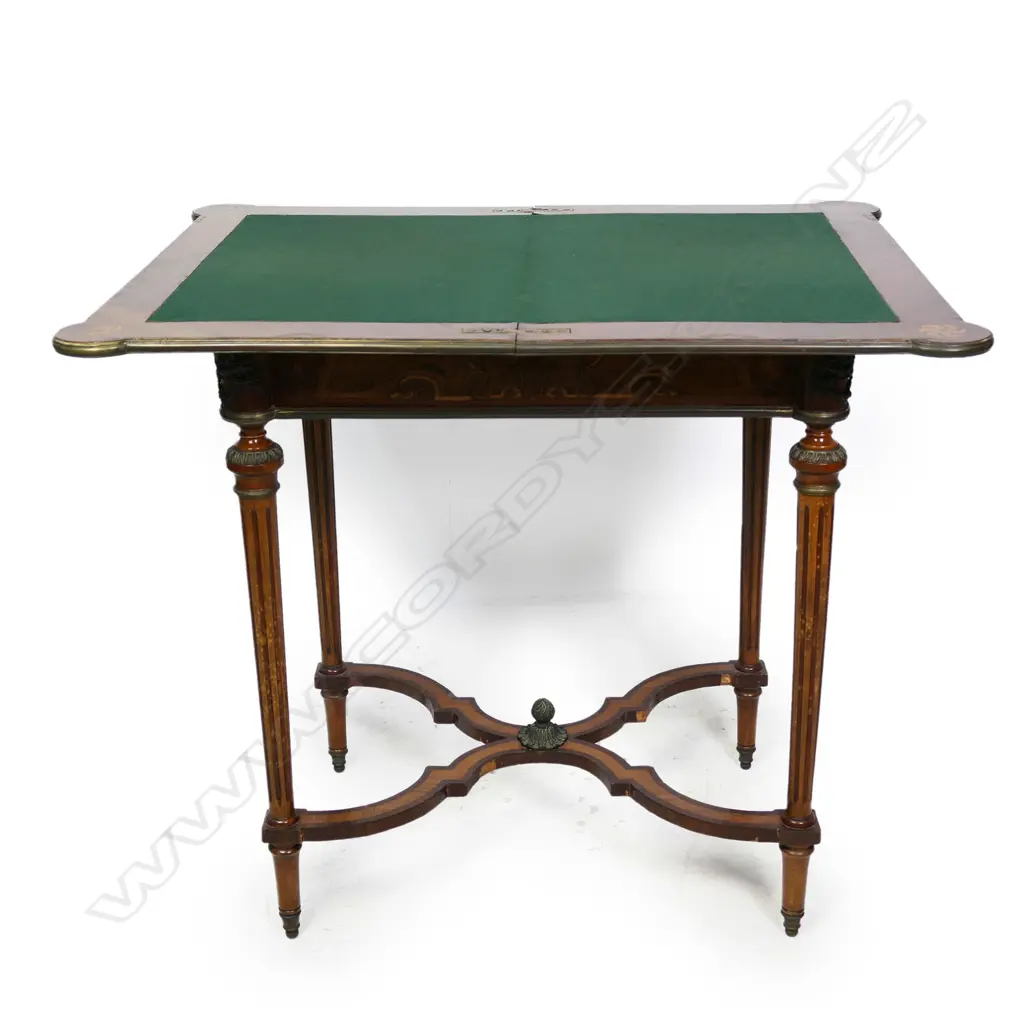 A 19thC French marquetry inlaid walnut card table, Image 1++