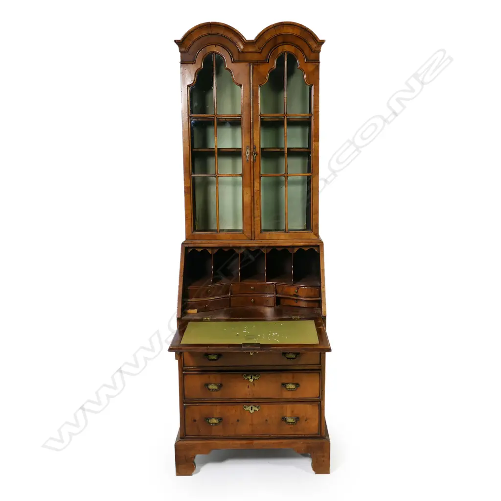 A small proportioned walnut Queen Anne style doubled domed bookcase bureau, Image 1++