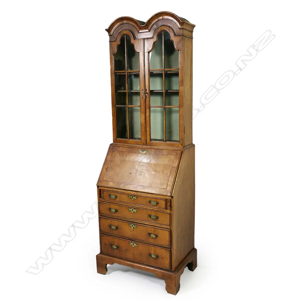 A small proportioned walnut Queen Anne style doubled domed bookcase bureau, Image 1++