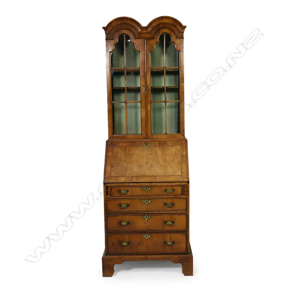 A small proportioned walnut Queen Anne style doubled domed bookcase bureau, Image 1++